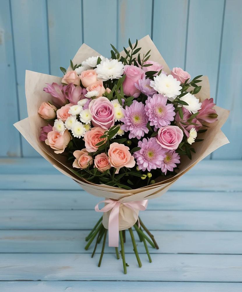 Букет цветов из: Хризантемы, Розы и Альстромерии в Кабанске