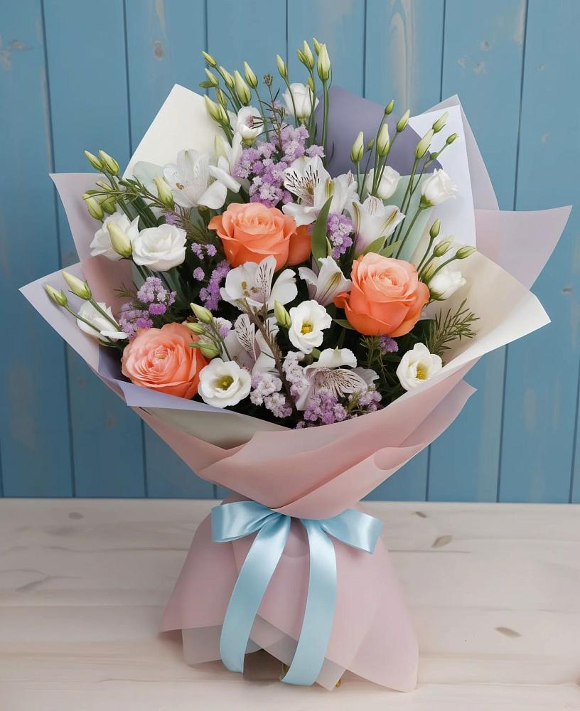 Букет цветов из: Лизиантусы, Розы, Альстромерии и Гипсофила в Кабанске