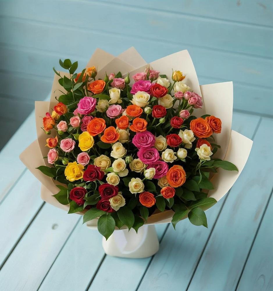 Букет Микс из разноцветных кустовых роз в Кабанске