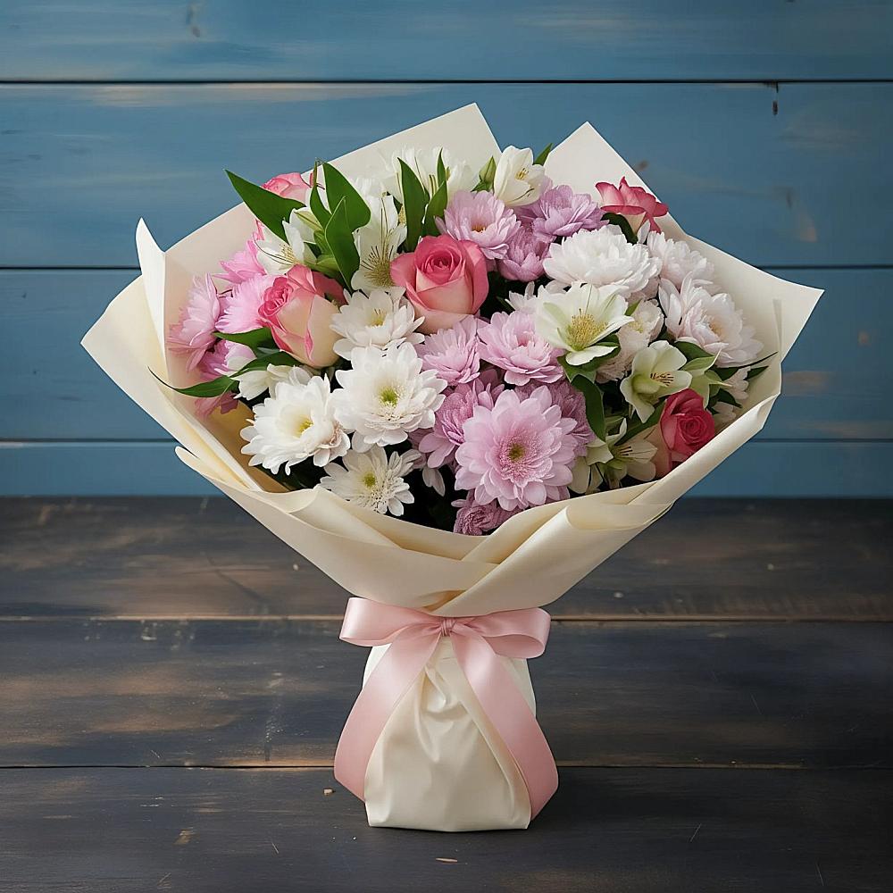 Букет цветов из: Хризантемы, Альстромерии и Розы в Кабанске